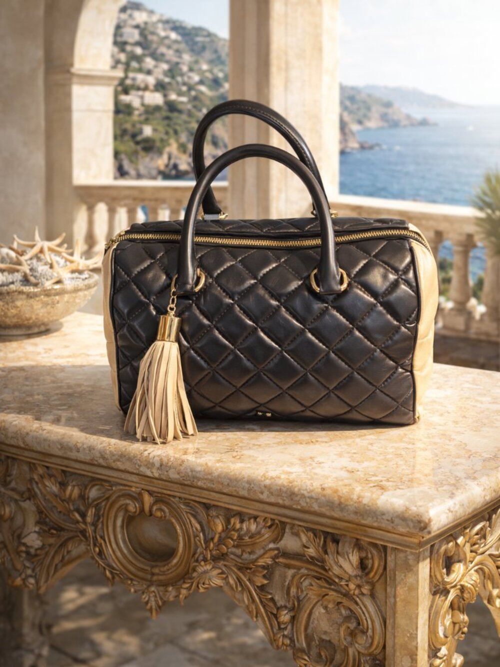 Vintage Purificación García Quilted Leather Tassel Satchel